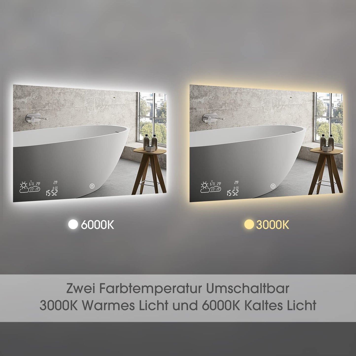 Goodbye cold LED bathroom mirror anti-fog 80x60 cm, bathroom mirror wall mirror light mirror with touch switch, WiFi weather station & date, smart mirror, horizontal