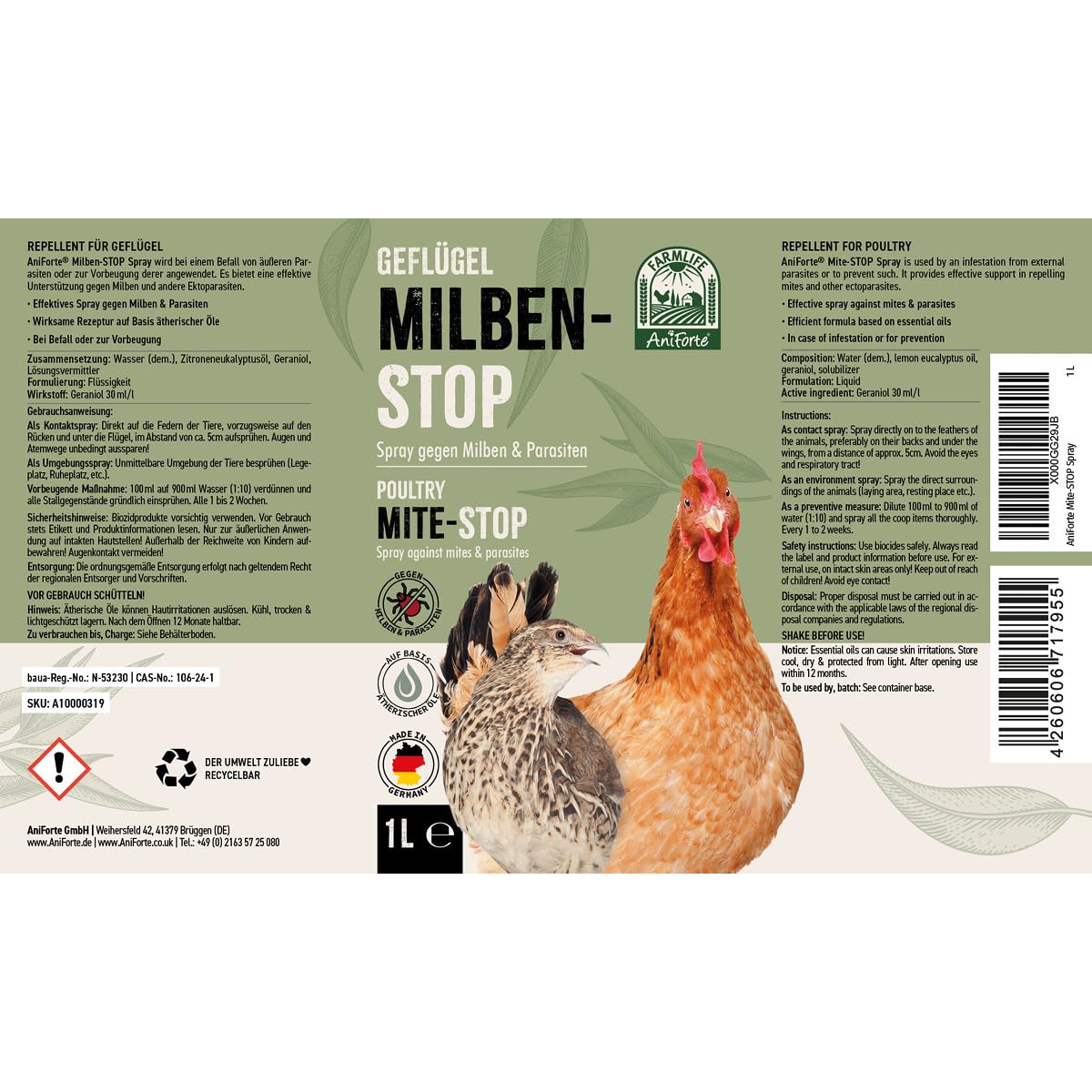 AniForte mite spray for chickens & poultry 1 liter - against mites & parasites, mite control, mite treatment as environmental spray & contact spray, for prevention & in case of acute infestation