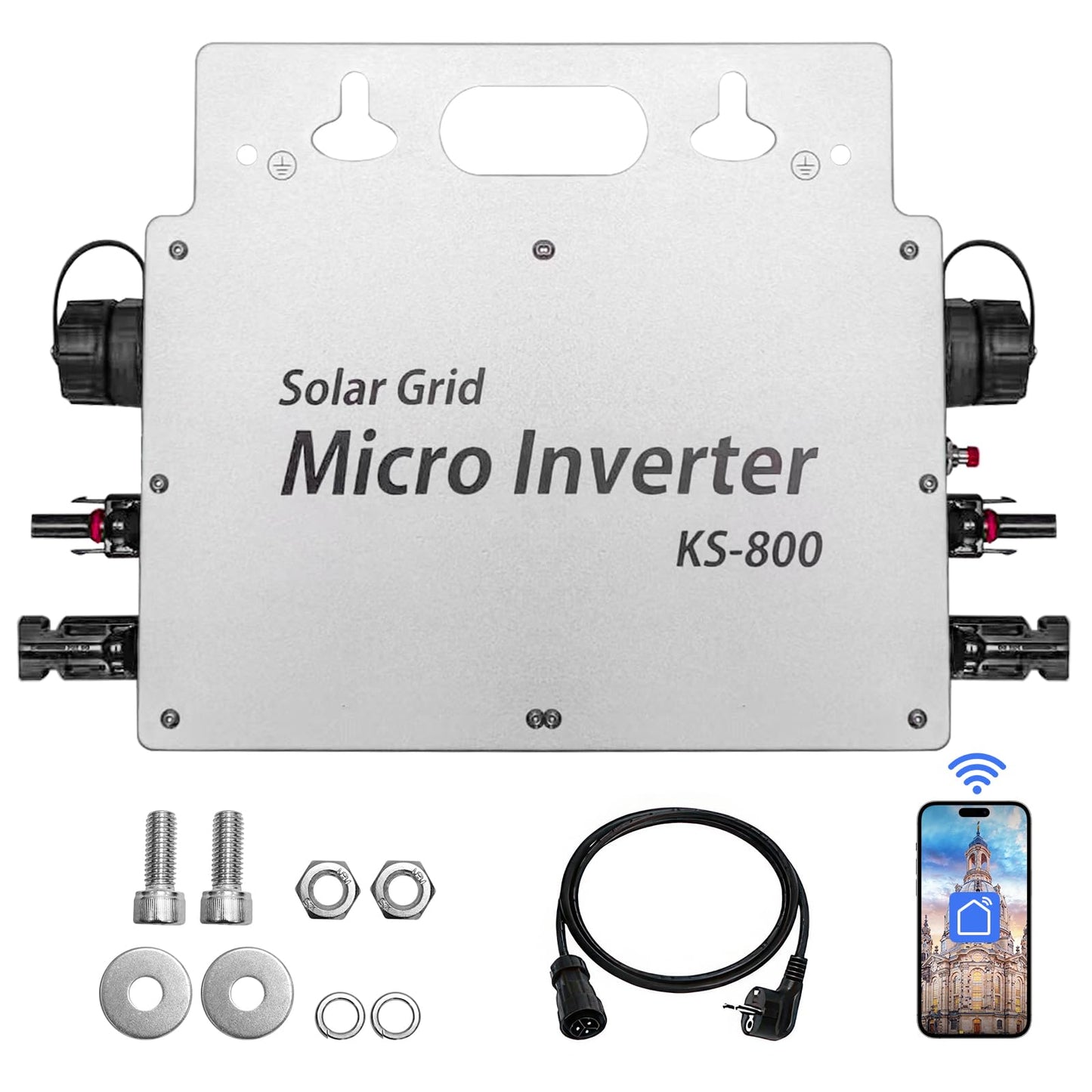 800w inverter - IP65 waterproof inverter - Solar inverter with WLAN app for 2 solar panels for balcony power plant, 190-270V AC balcony power plant inverter, Silver