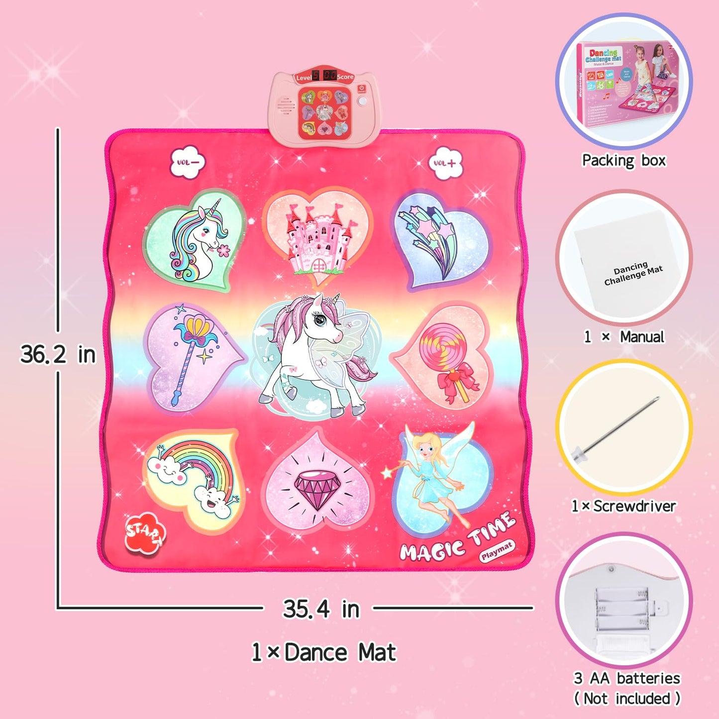 Unicorn dance mat toy, 3 challenge modes touch mat play with LED display, musical dance mat game for 3 4 5 6 7 8 years old girls boys
