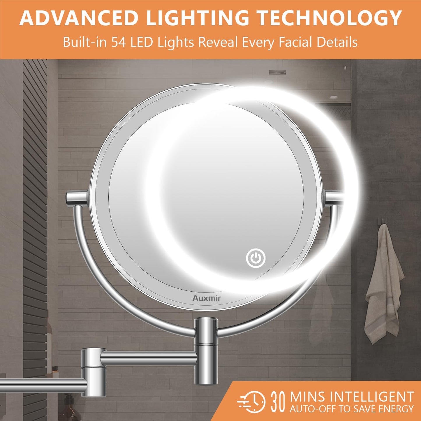 Auxmir makeup mirror with LED lighting, 1X / 5X magnification, double-sided stainless steel vanity mirror, wall-mounted for bathroom, spa, and hotel.