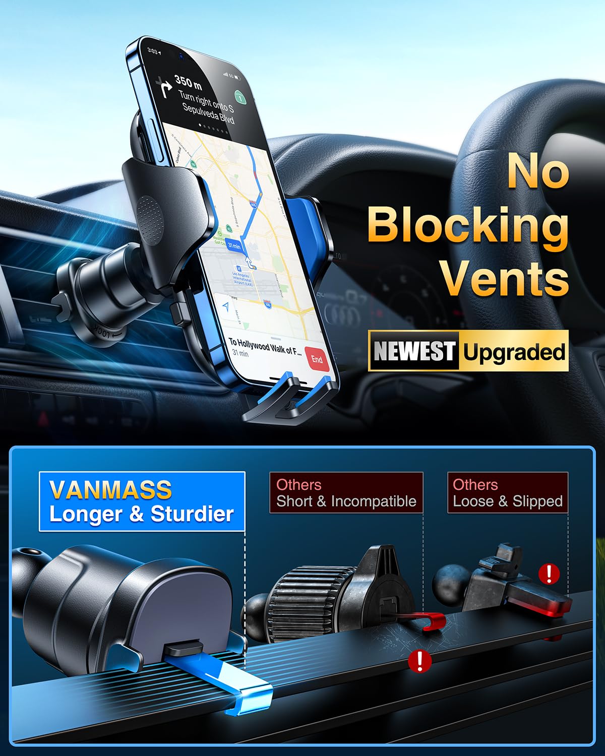VANMASS Car Phone Mount 2025 Upgrade Suction Cup & Vent Clip 4 in 1 Phone Holder Military-Grade Protection Smartphone Mount on Windshield for iPhone 16 15 14 13 Pro Max Samsung, etc.