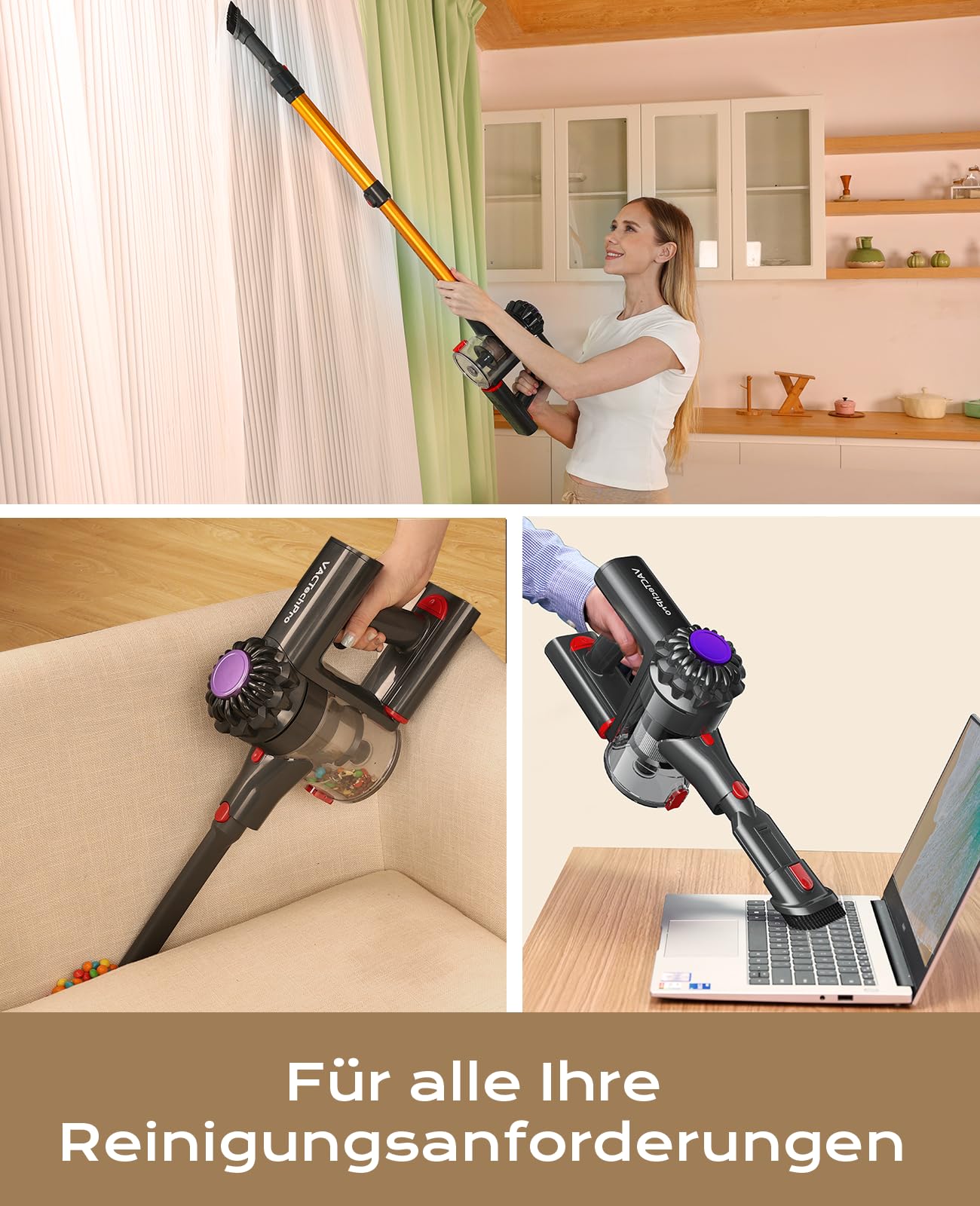 VACTechPro V15 Cordless Battery Vacuum, 35KPa Wireless Vacuum with Removable Battery, up to 35min Runtime, 6 in 1 Battery Vacuum for Hardwood Floors Carpet & Gold