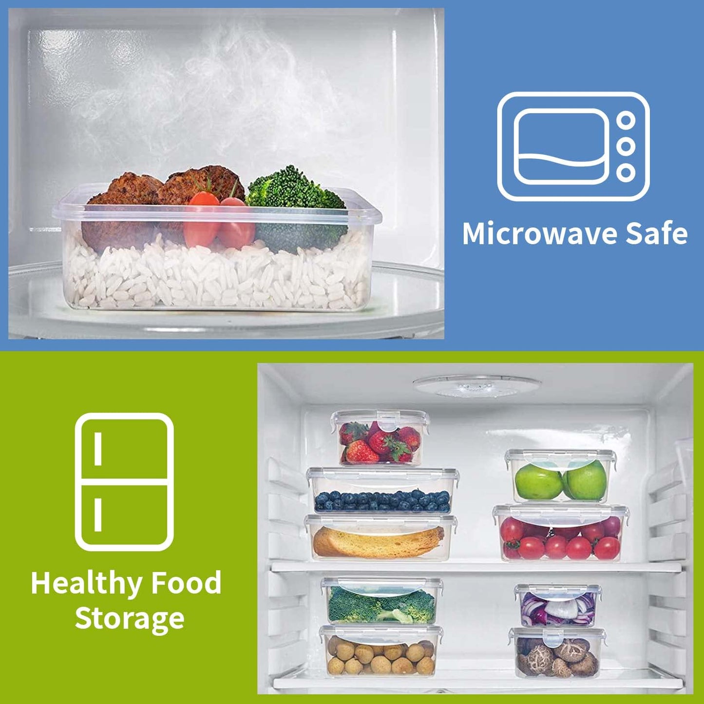 32-piece set of Withosent airtight plastic food containers with lids (16 containers + 16 lids). Perfect for storing food in the fridge, freezer, or microwave. Available in various sizes ranging from 1L to 350ml.
