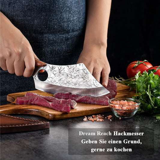 Dream Reach Hack Knife with Wooden Handle, Sharp Boning Knife Chef Knife Professional Hand-Forged Full Tang Butcher Knife with Leather Sheath Butcher's Axe for Kitchen Grill Outing Full Tang