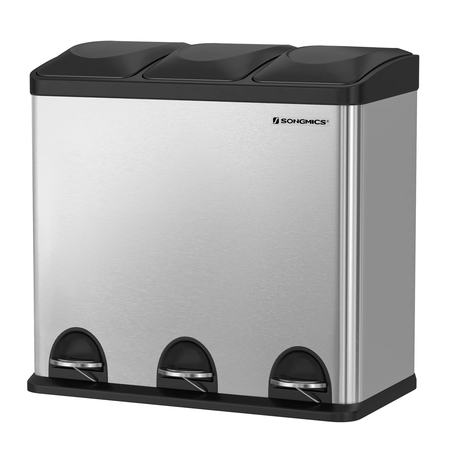 SONGMICS Kitchen Trash Can, Garbage Bin, Step Can with 3 compartments, inner bins and 6 stickers for waste separation, waste separation system, Silver-Black, 60.4 x 30 x 56.3 cm (L x W x H)