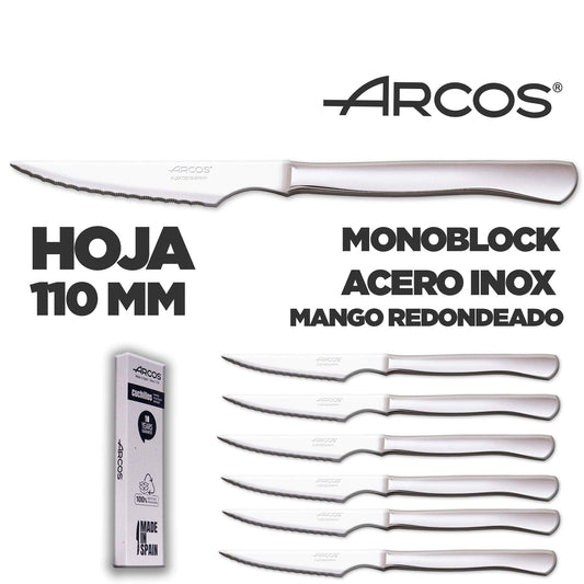 Arcos Meat Knife Set | 6 pieces | Steak knife Brand Arcos | Stainless steel cutlery | Blade 110 mm | Monoblock handle | Dishwasher safe | environmentally friendly packaging