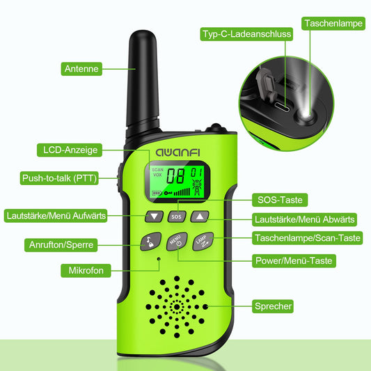 AWANFI Walkie Talkie for Kids, ages 3-12, rechargeable with Li-ion battery, radio set, walkie talkie with VOX, LCD flashlight, keypad lock, perfect gift for camping adventures.