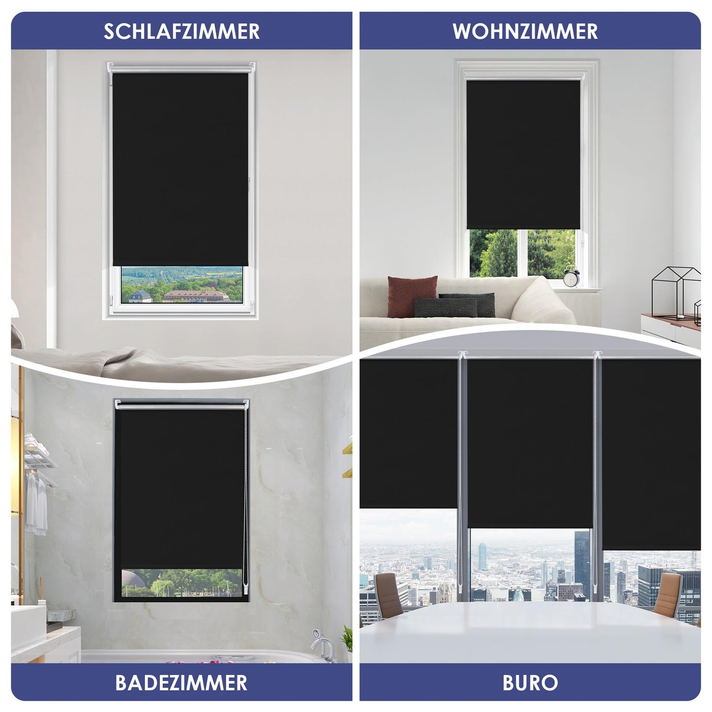 smartdemo blackout roller blind without drilling & with drilling, clamp roller blind window blind black 120x150cm (WxH), thermal roller blind privacy and sun protection, clamp roller blinds for windows & doors