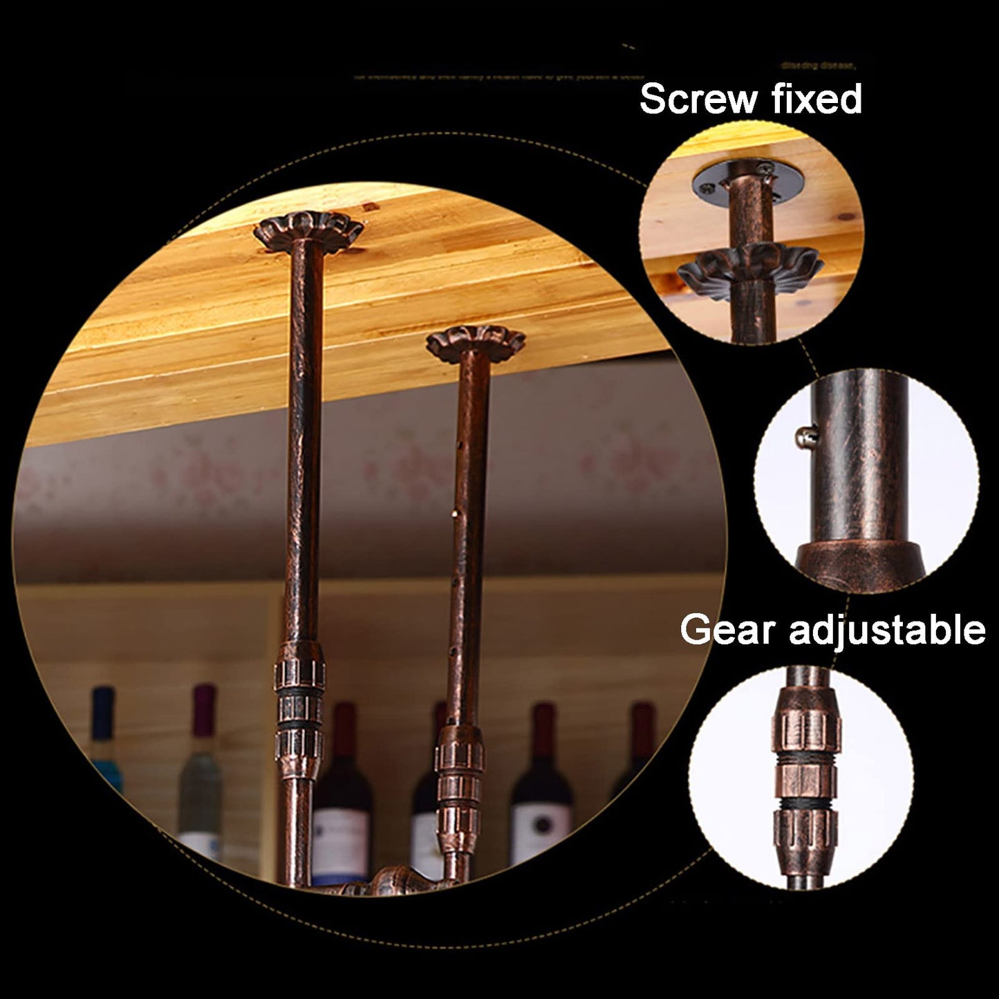 Ceiling wine rack, height and width adjustable hanging wine rack, inverted wine glass decoration shelf, free space on the desk, suitable for bar wine cellar kitchen (bronze, 120×30cm)