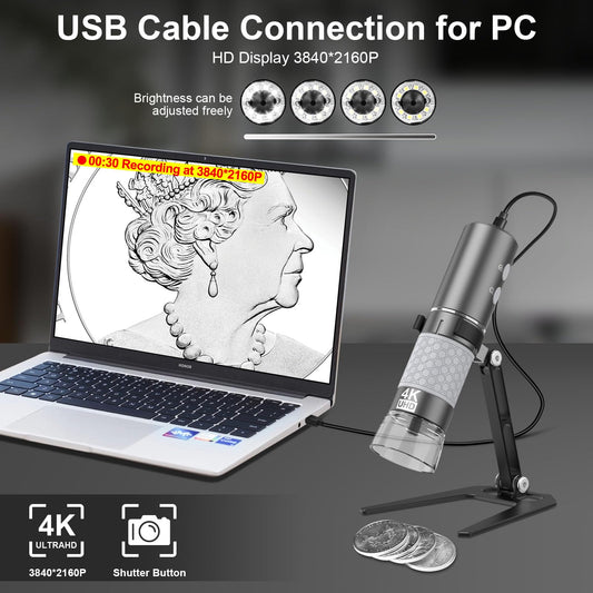 Ninyoon 4K WiFi Microscope Upgraded Stand for iPhone Android PC, 50-1000X USB Digital Microscope Wireless HD Endoscope Camera for All Mobile Phones iPad Android Tablet Windows Mac Chrome Linux