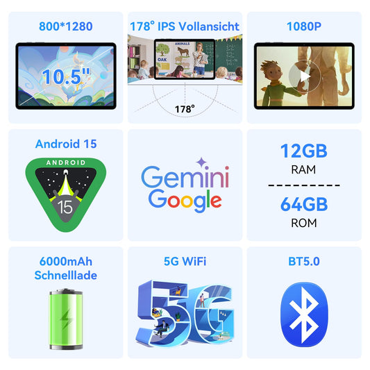 TABWEE 2025 latest 10-inch Android tablet with 15 Quad-Core, 14GB RAM+64GB ROM (TF 2TB), 6000mAh battery, 5G WiFi, Bluetooth 5.0, Type-C.