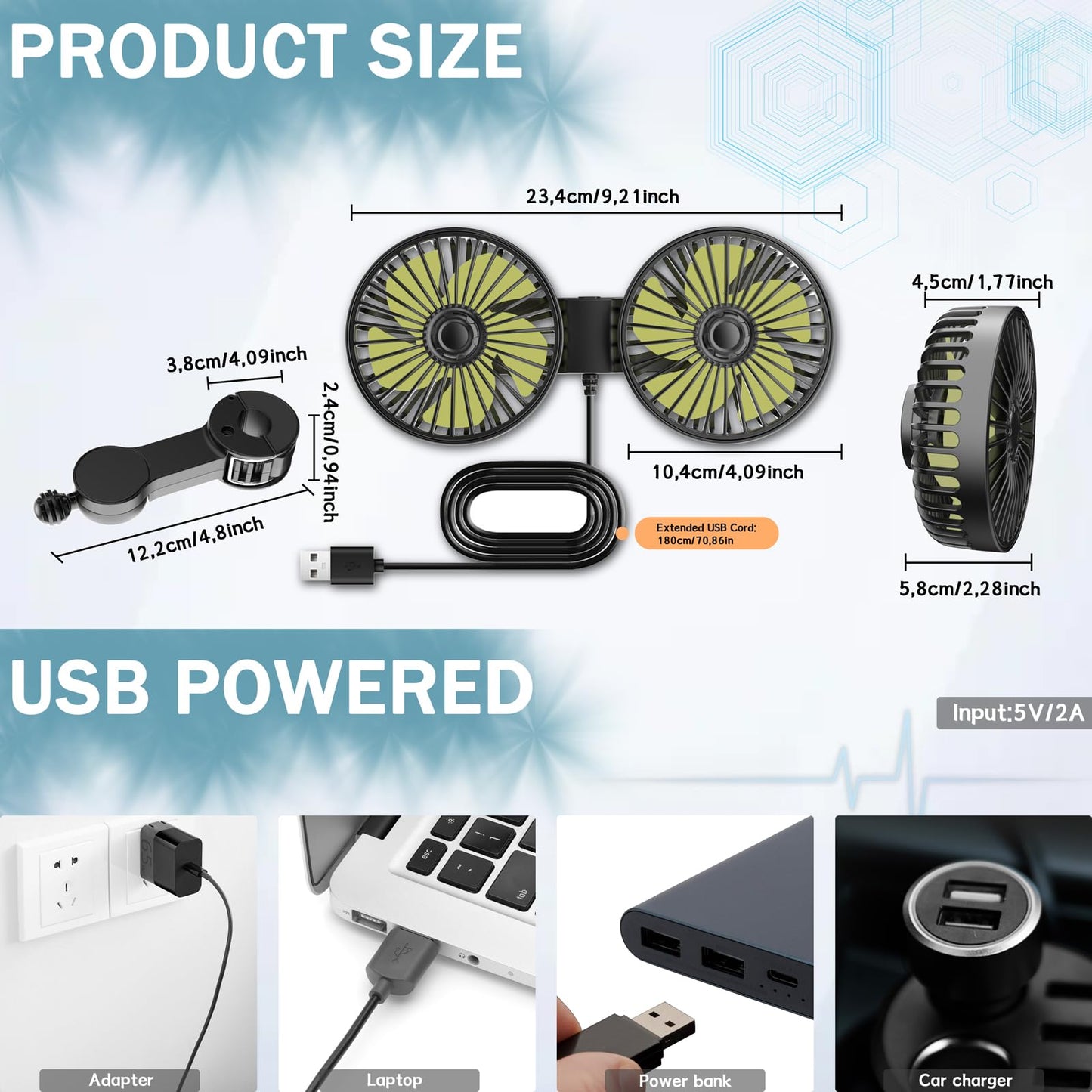 Qidoe USB Car Ventilator Backseat: 360° Car Cooling Fan 3-Speed Mini Fan Powerful Quiet 12V Battery Air Fan for Home/Office 12 volt Truck RV Boat Camper Vehicle Seat Fan 5V