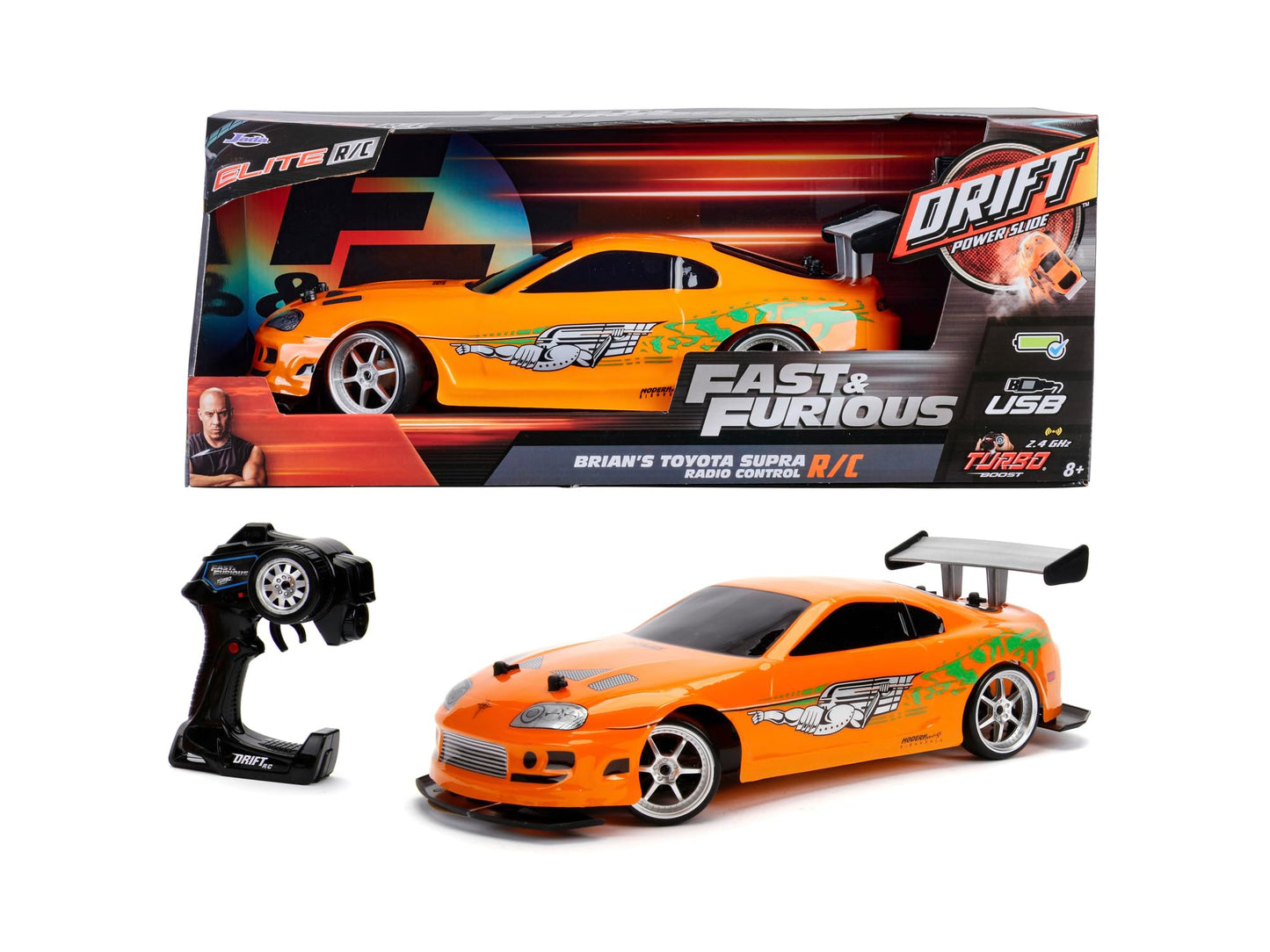 Jada Toys 9330753314R03 Fast & Furious RC Car, Drift 1995 Toyota Supra, Turbo, Drift function, 4-wheel drive, Remote Control Car, 2-channel radio control, USB charging function, 1:10 scale, orange