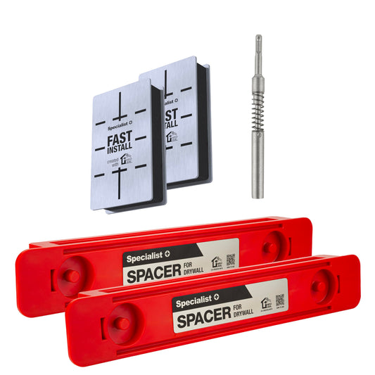 Specialist Drywall Framing Tool Set includes x2 SPACER (40cm), x2 FAST INSTALL drywall magnet, and x1 HAMER - screwdriver for installing metal frames in drywall ceilings.