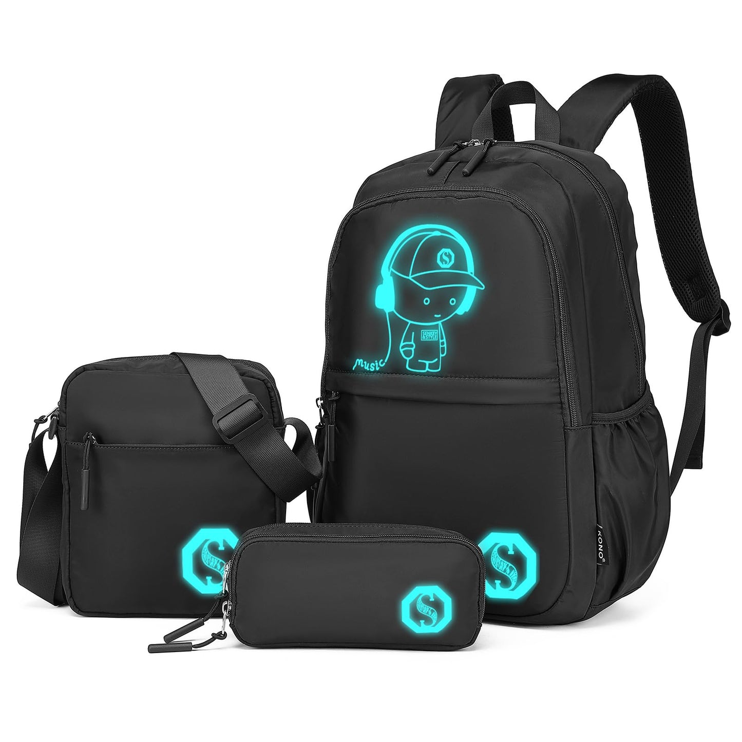KONO Luminous School Backpack 3-in-1 Set, Anime Boys School Bag Shoulder Bag Pencil Case, 15.6" Laptop Backpack for Student Teenage Girls (Black)