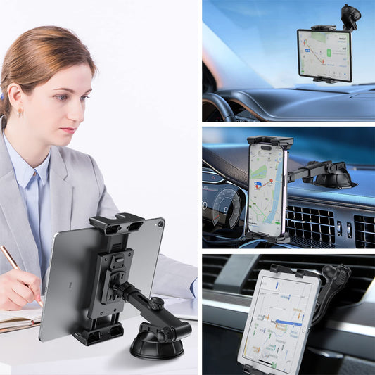XWXELEC Tablet Holder for Car, iPad Holder for Car, Universal Windshield and Dashboard Mount, 360° Rotating Adjustable, Stable and Washable TPU Suction Cup, for 7"-12.9" Tablet Holder