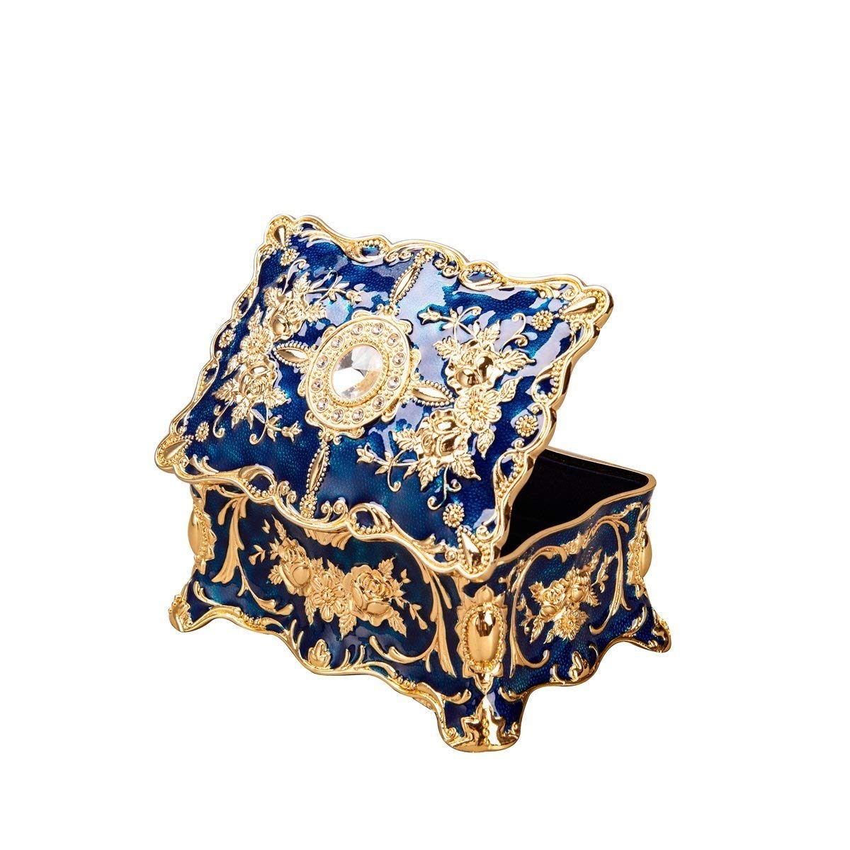 Feyarl Retro Jewelry Boxes Engraved Jewelry Case Storage Jewelry Box Mother's Day Gift for Jewelry Earrings Rings Blue.