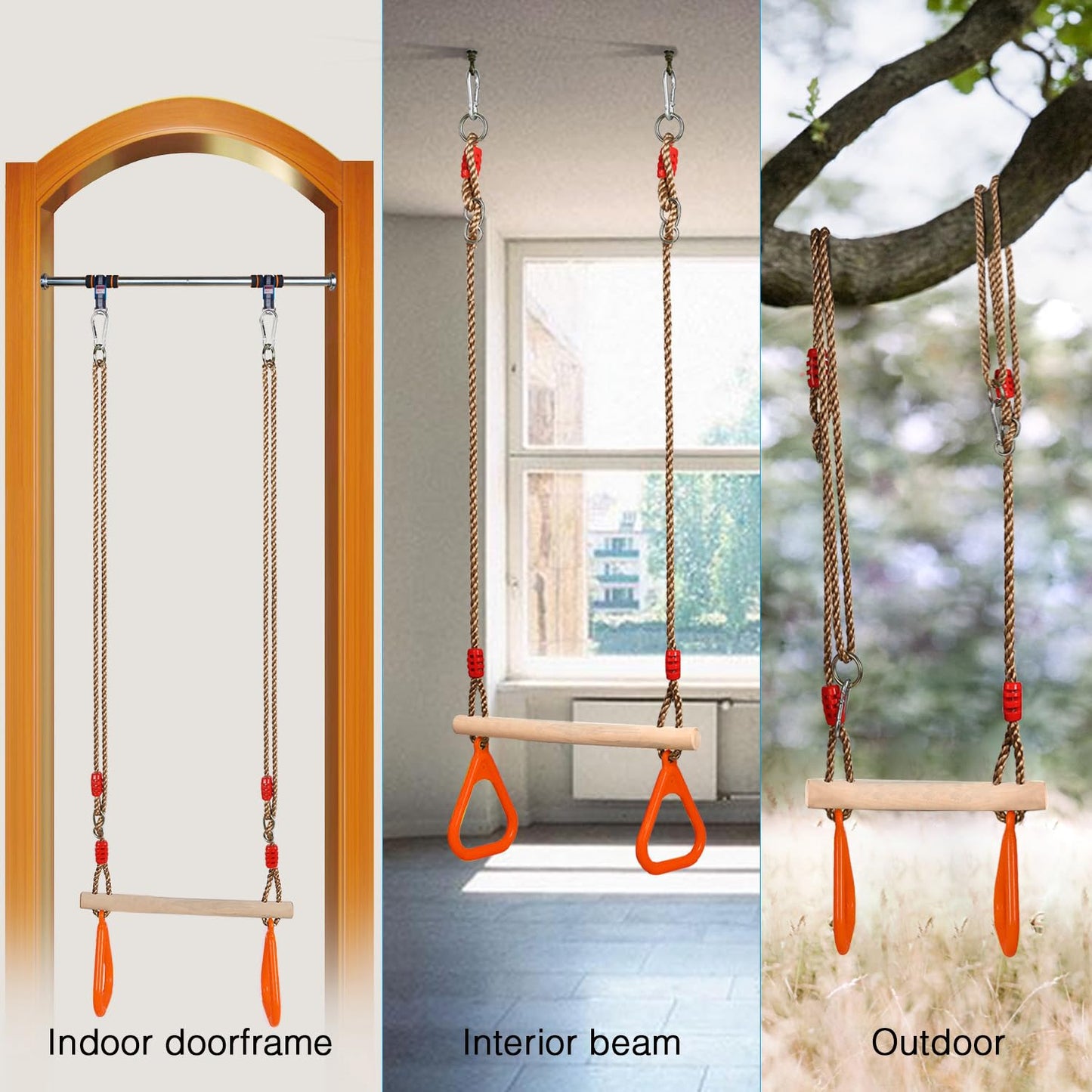 PELLOR Multifunctional Kids Wooden Trapeze Swing with Plastic Gym Rings, supports up to 160KG.