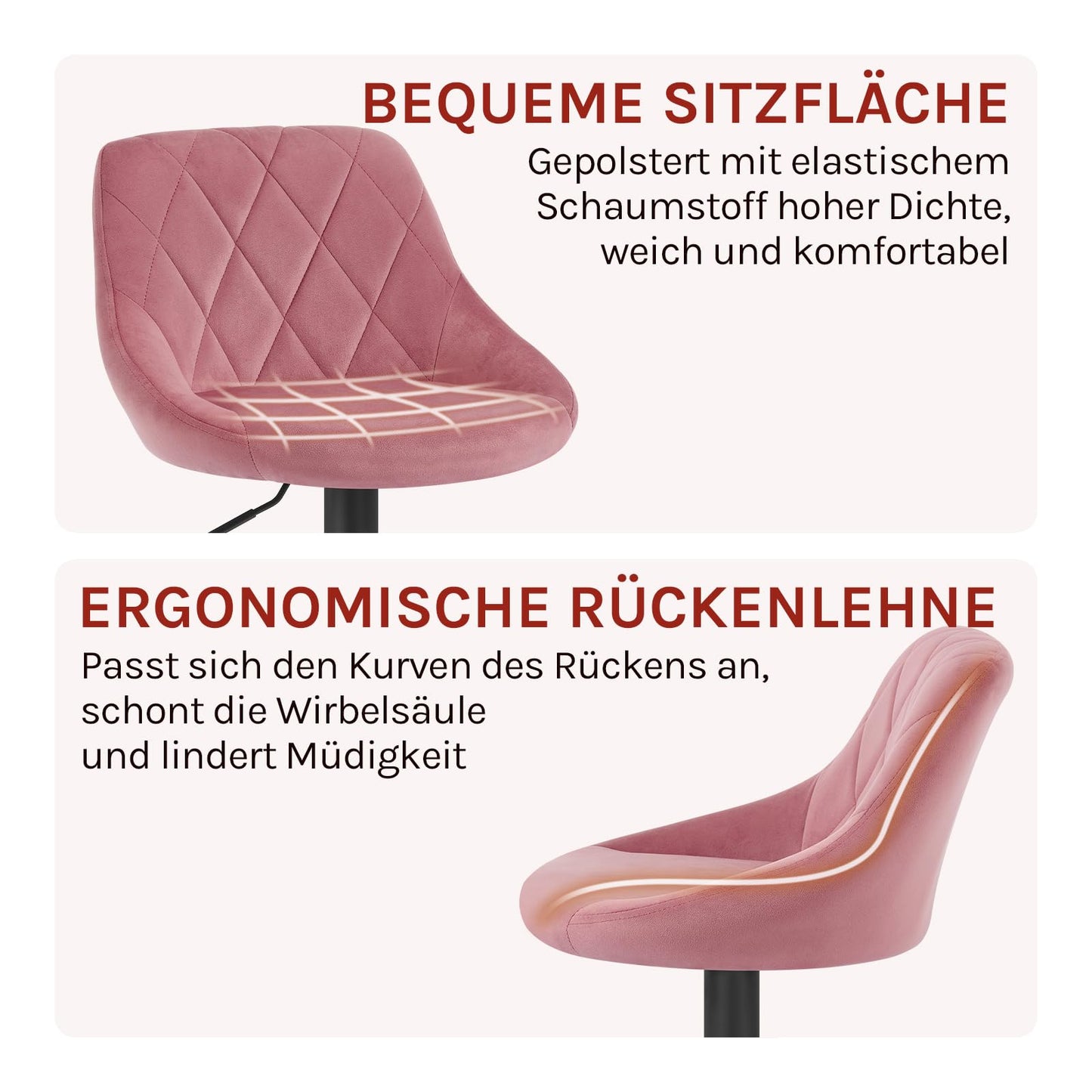 WOLTU Set of 2 Bar Stools, Bar Chairs with Backrest, Height Adjustable Swivel, Padded Velvet Seat, Non-Slip Metal Base, for Kitchen Home Bar, Pink