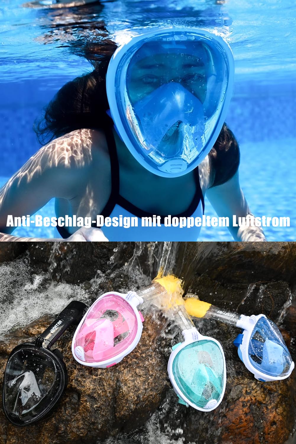 HINATAA Snorkel Mask, 180° Full Face, Diving Mask, Free Breathing, Anti-Fog and Anti-Leak Technology with Adjustable Head Straps for Adults, Teens, Kids (Pink, L-XL)