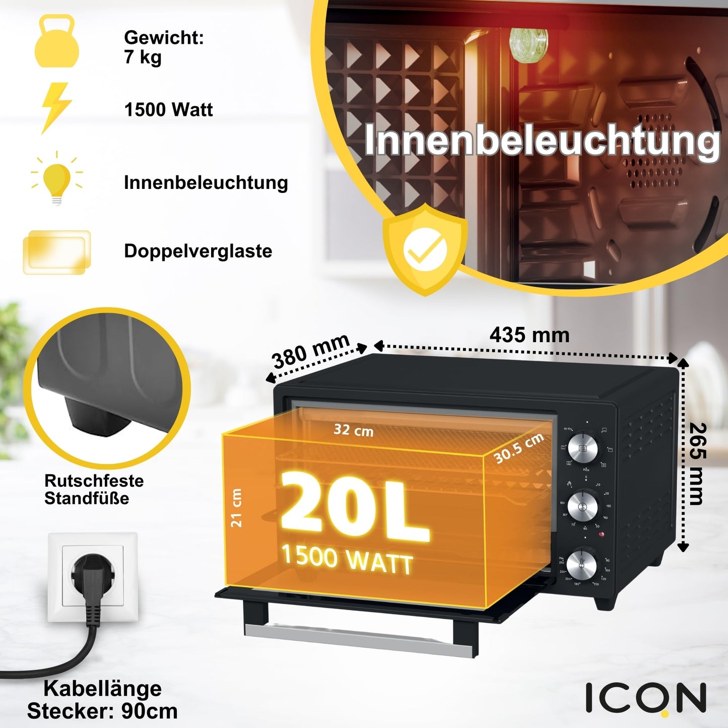 ICQN Mini Oven 20L, Pizza Oven, top/bottom heat with convection function, 5 grill functions, 90 Min. Timer, 1500 W, 80°-240°C, baking tray/grill/drip tray and tray holder, Black