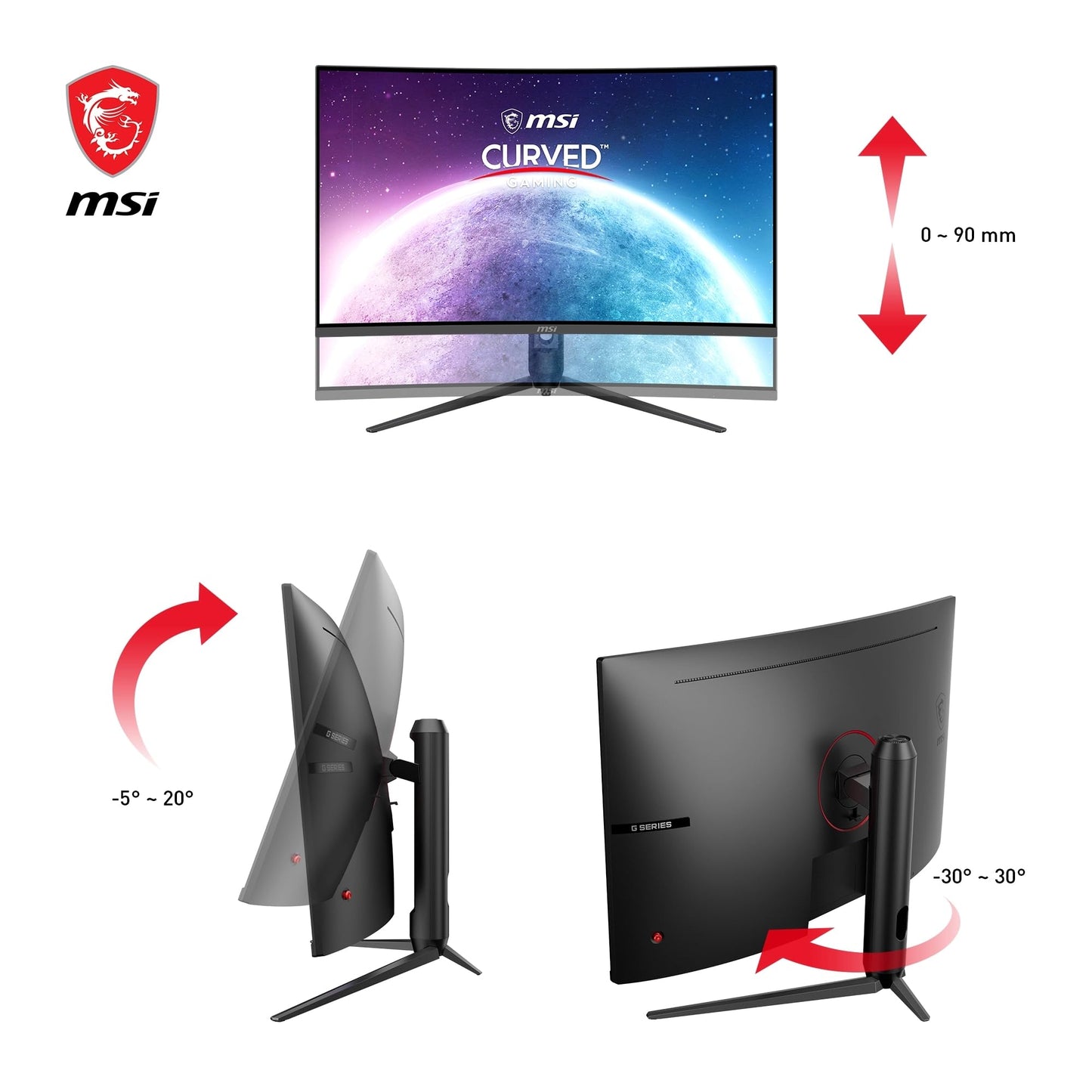 MSI G32CQ5P 31.5 inch (80cm) WQHD Curved Gaming Monitor - 1500R 2560 x 1440 VA Panel, 170Hz / 1ms, Adaptive Sync, 3-Way Adjustable Stand - DP 1.2a, HDMI 2.0b CEC