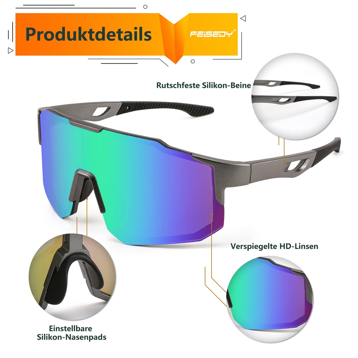 FEISEDY Sport Sunglasses for Men Women Cycling Glasses Mirror Sports Glasses for MTB Racing Cycling Biking Running Enduro with UV400 Protection B2388