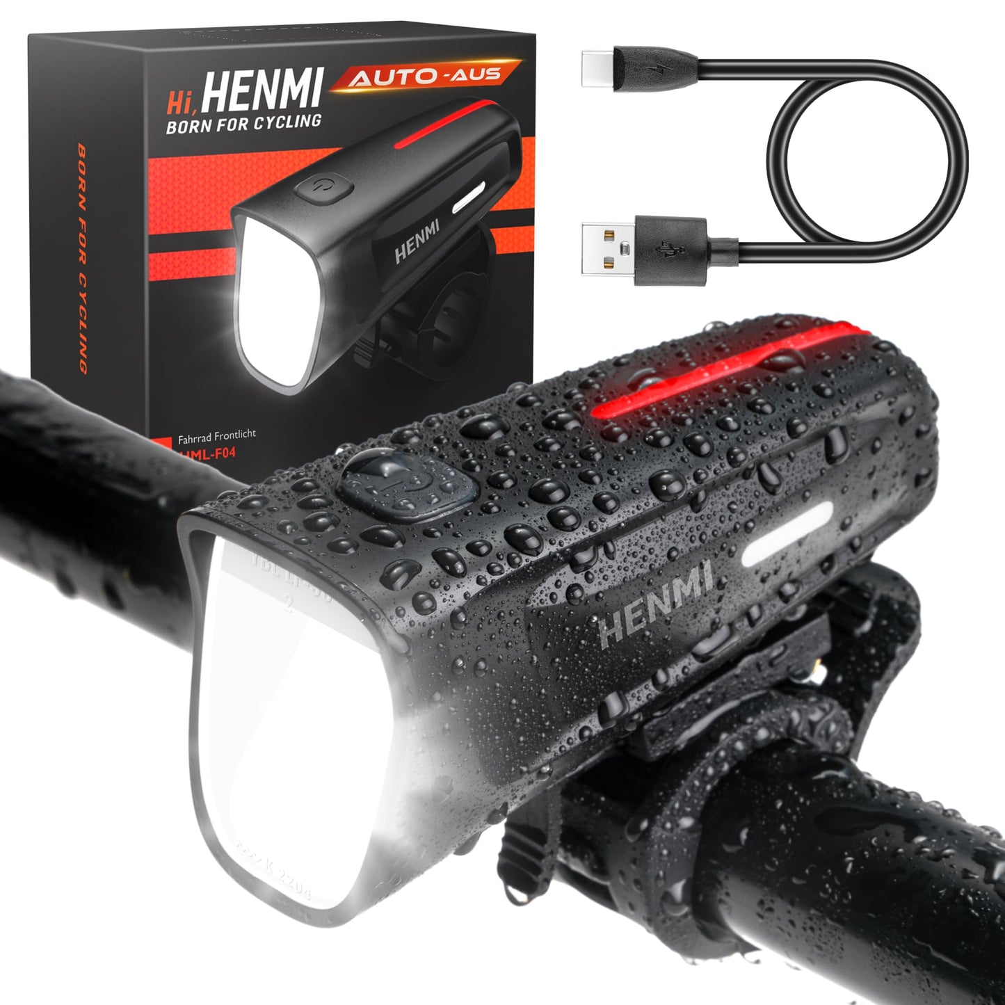 HENMI LED front bike light 100 LUX, StVZO approved front bike lamp, IPX5 waterproof bike light USB Type C with low battery warning and 3 brightness modes bike light.