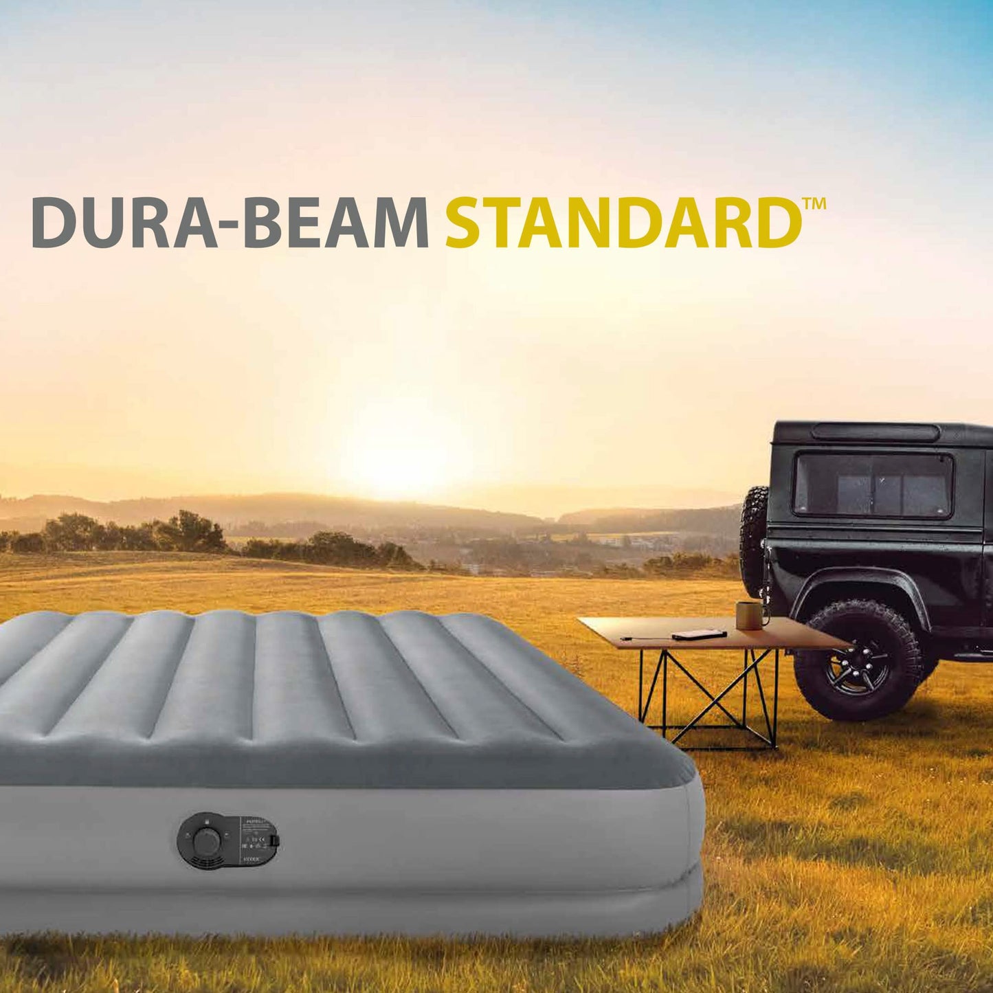 Intex 64114 - Self-Inflating Air Mattress Double Bed Dura-Beam Prestige Mid-Rise, with integrated USB Electric Pump, Suitable for 2 Person, PVC, Gray, 152x203x30 cm