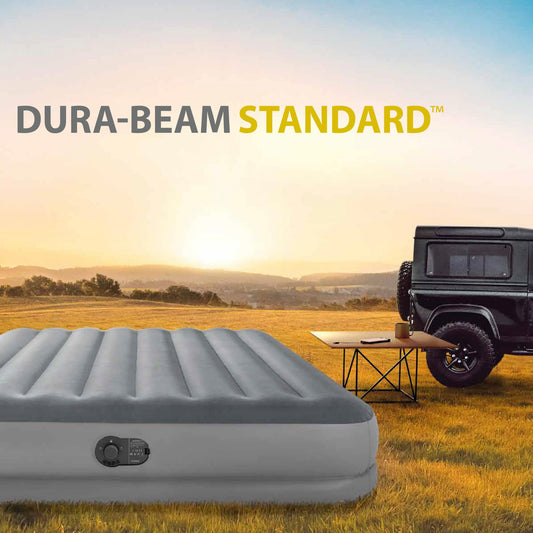 Intex 64114 - Self-Inflating Air Mattress Double Bed Dura-Beam Prestige Mid-Rise, with integrated USB Electric Pump, Suitable for 2 Person, PVC, Gray, 152x203x30 cm