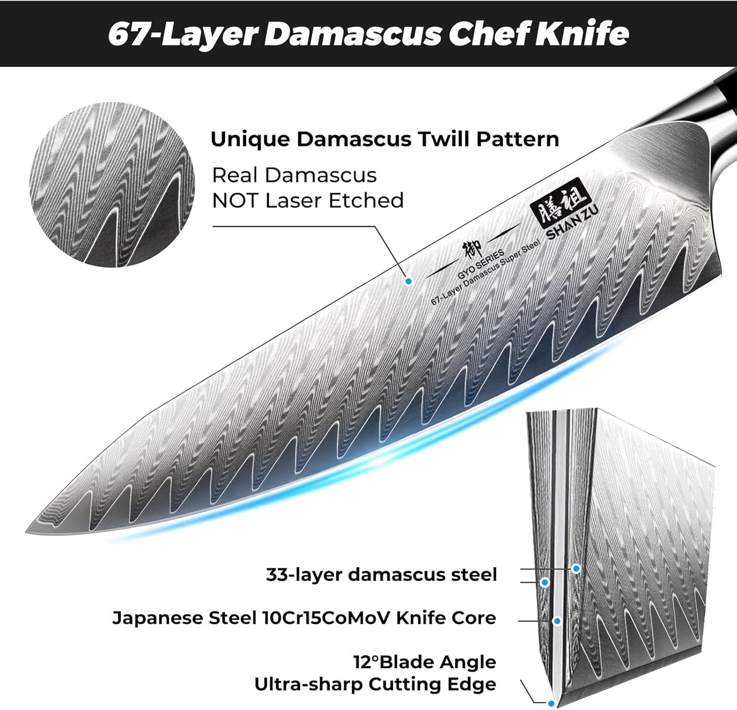 SHAN ZU Damascus Steel Knife Block with 7-piece Kitchen Knife Set made of Japanese 10Cr15CoMoV premium steel, Professional Kitchen Knife with G10 Handle - GYO Series