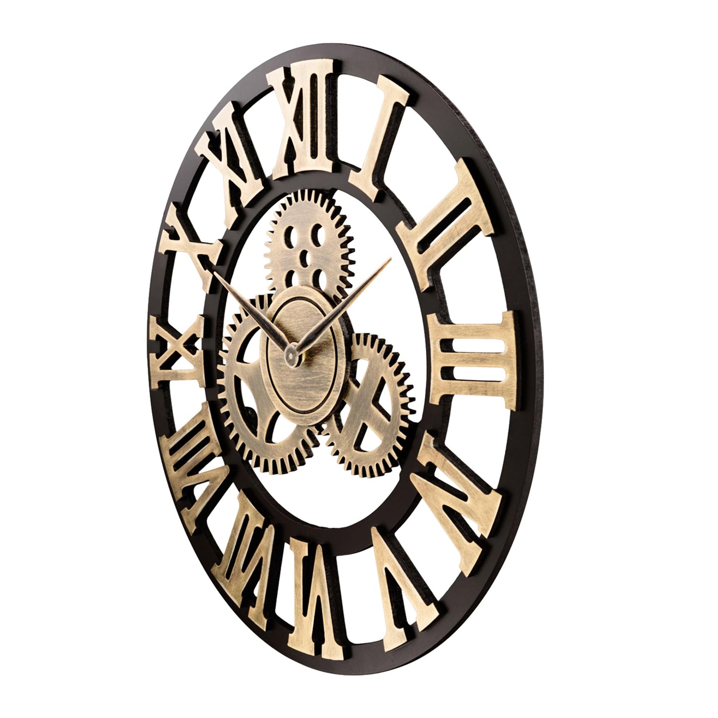 Lafocuse Wooden Wall Clock Large Industrial Gold, Silent Vintage Wall Clock 60cm XXL, Gear Roman Numerals Steampunk Large for Living Room Kitchen