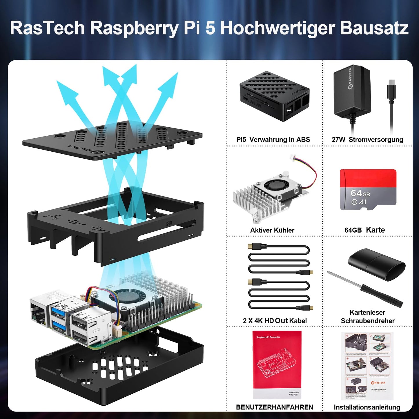 RasTech Raspberry Pi 5 8GB Kit 64GB Edition with Active Cooler, 27W 5.1V5A USB-C power supply, Pi5 8GB board, 64GB card reader kit, Pi 5 case, dual 4K micro HDMI cable, and user manual.