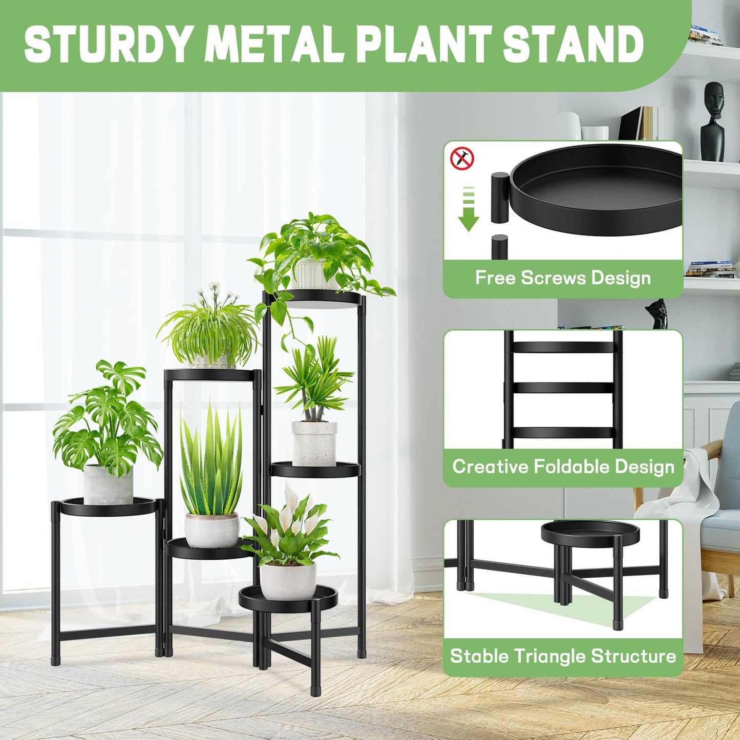 JC-Houser 6-Tier Plant Stand Flower Stand Metal, Plant Rack Flower Shelf Corner Indoor Outdoor, Foldable Flower Ladder Plant Stairs Plant Stand for Garden Balcony Living Room (Black)