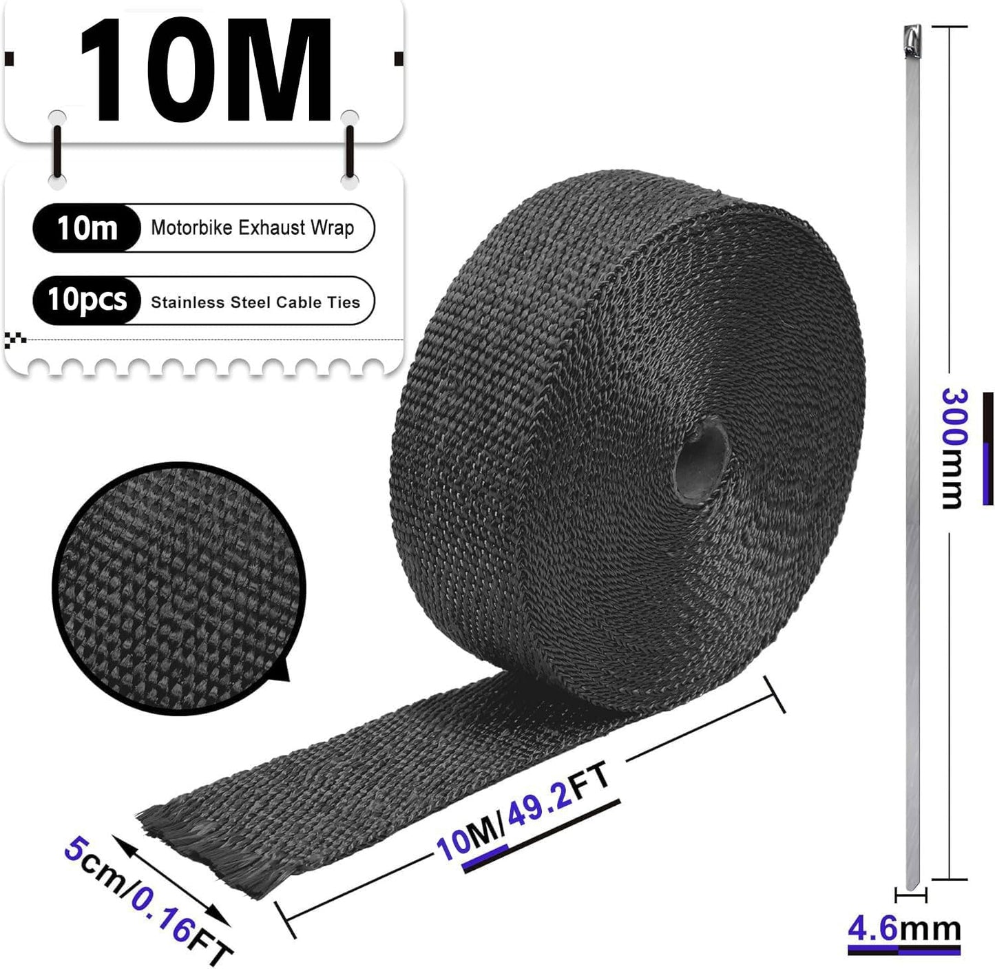 10M Exhaust Heat Wrap, Foneso exhaust wrap, Heat Shield Exhaust Wrap, Black Exhaust Heat Wrap with 10 Stainless Steel Zip Ties, for Motorcycle Headers Thermo Wrap Header Wrap