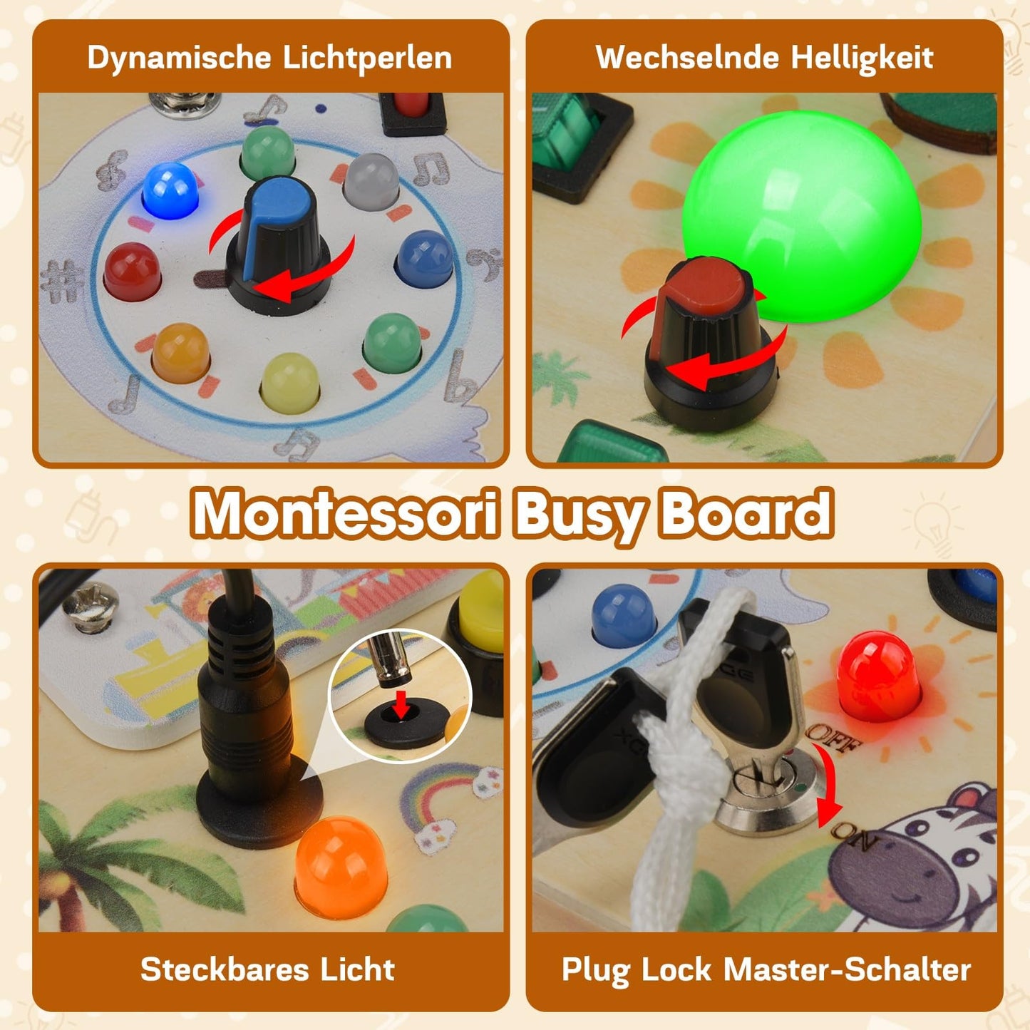MILFECH Montessori Toy Busy Board with LED Light Switch Activity Board Wooden Toy, 17 LED Motor Skills Toy Sensory Toy Learning Toy for Babies Toddlers Boys Girls aged 1 2 3 4 years