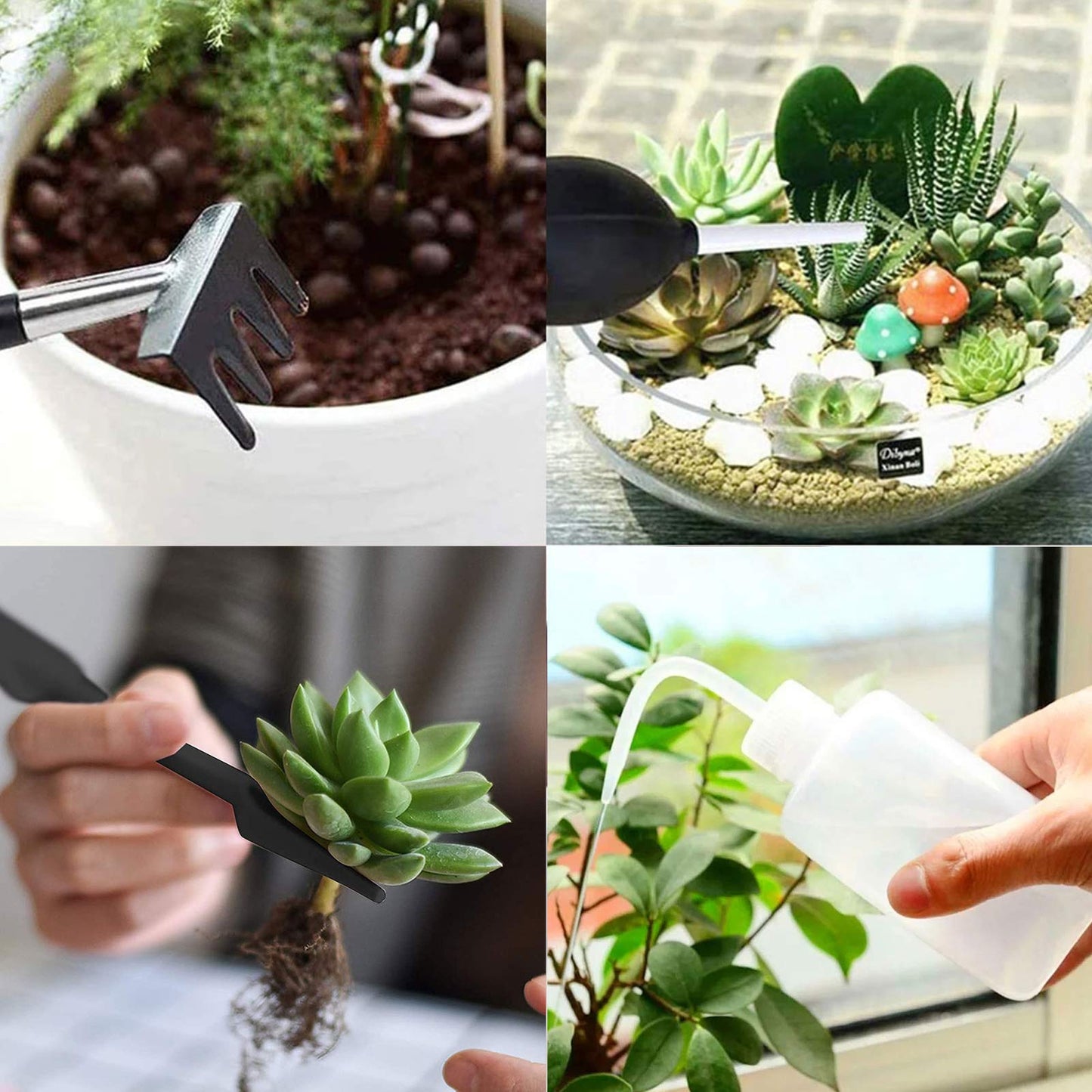 Succulent tool set, 14 mini hand garden tools + 1 pot mat, rake for indoor plants, garden hand tools black
