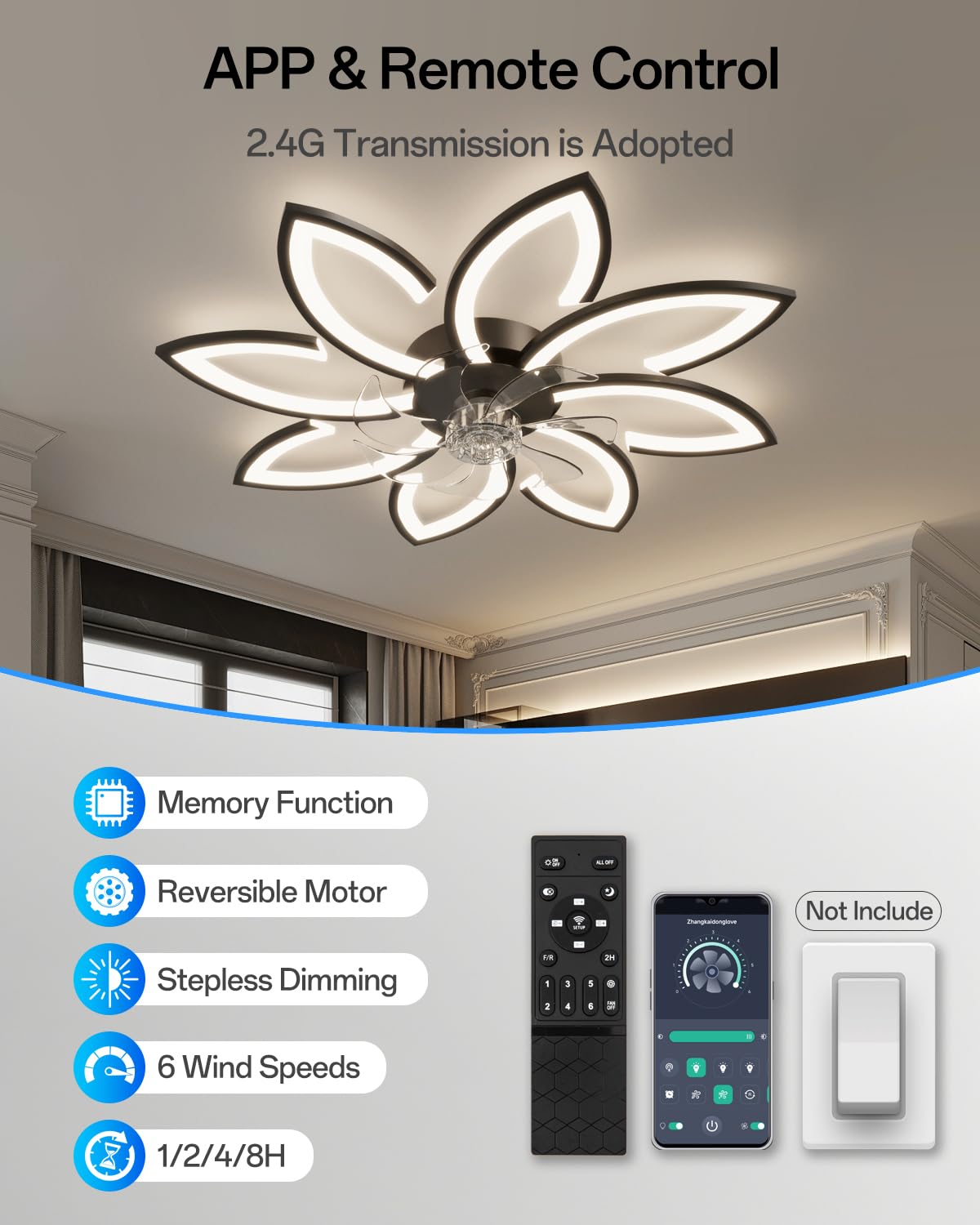 YUNLONG 90cm Ceiling Fan with Light, Very Quiet Living Room Dimmable LED Lamp with Fan, Modern DC Motor Fan with Light, Summer/Winter Function for Bedroom Kitchen, Black