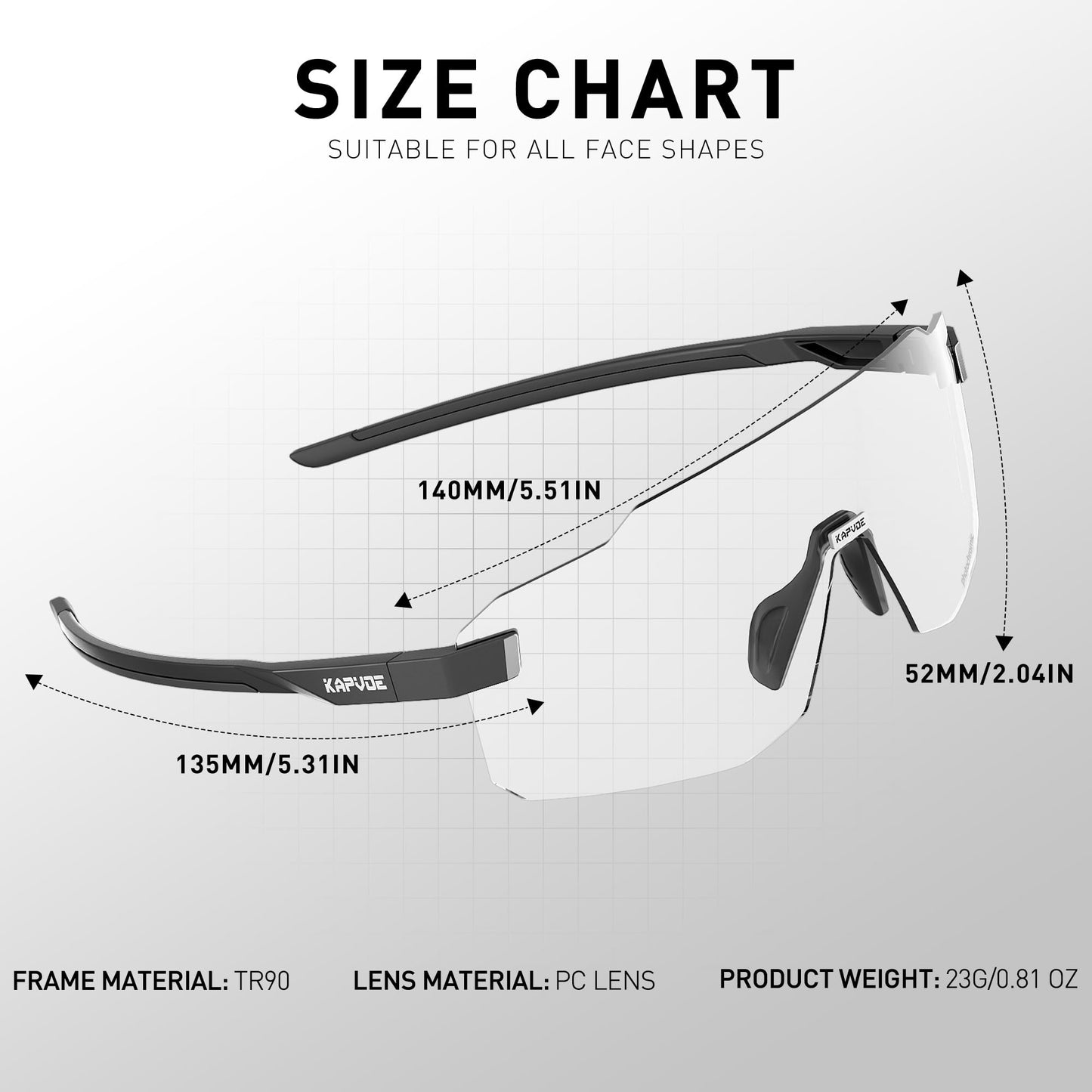 KAPVOE photochromatic self-tinting cycling glasses for men and women. Clear road bike glasses, MTB sports glasses. UV400 protection, frameless transparent lenses for outdoor sports. K341.
