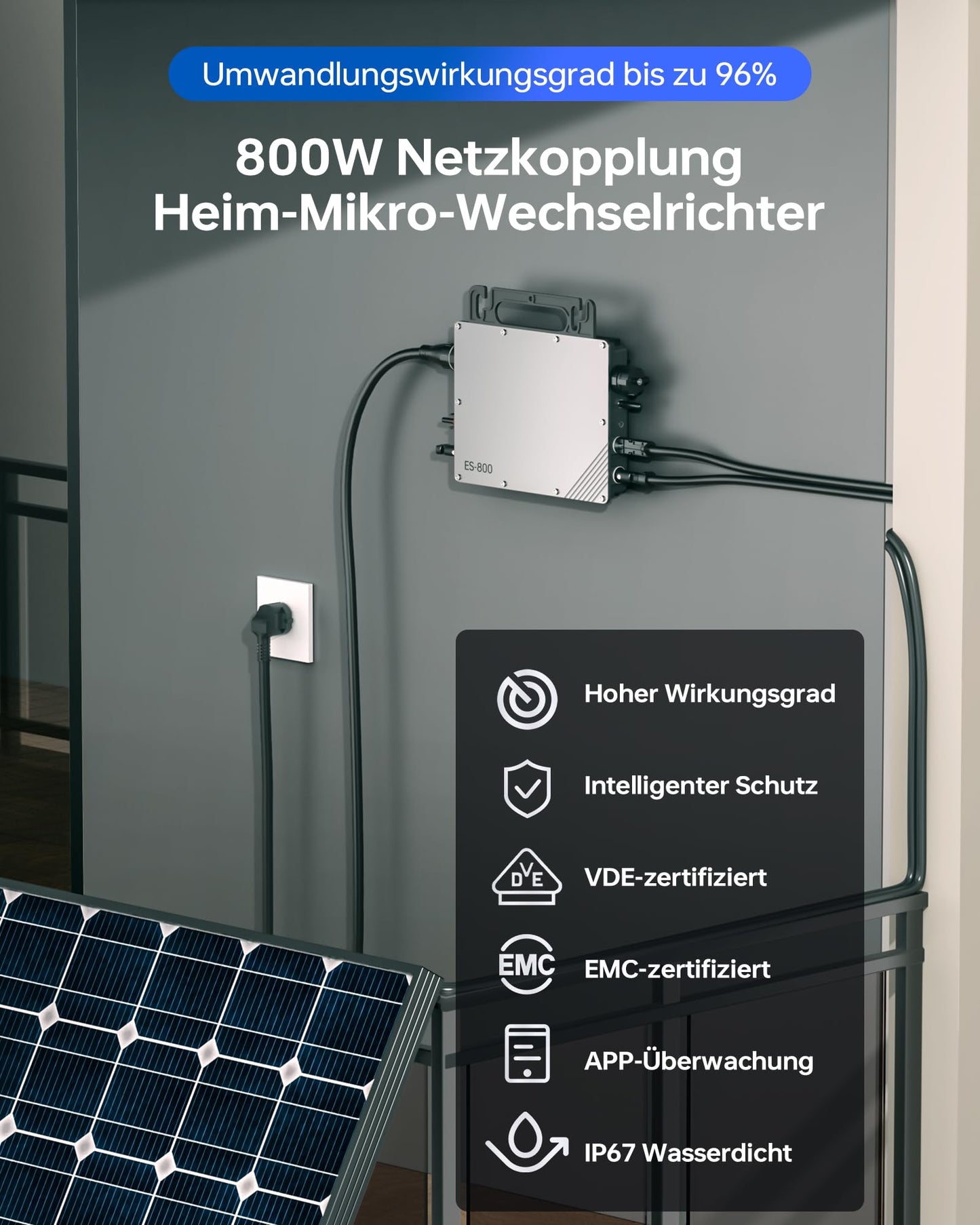 800W micro inverter, solar inverter with MPPT micro-solar grid feed-in, plug and play home easy installation WiFi monitoring with APP IP67 waterproof