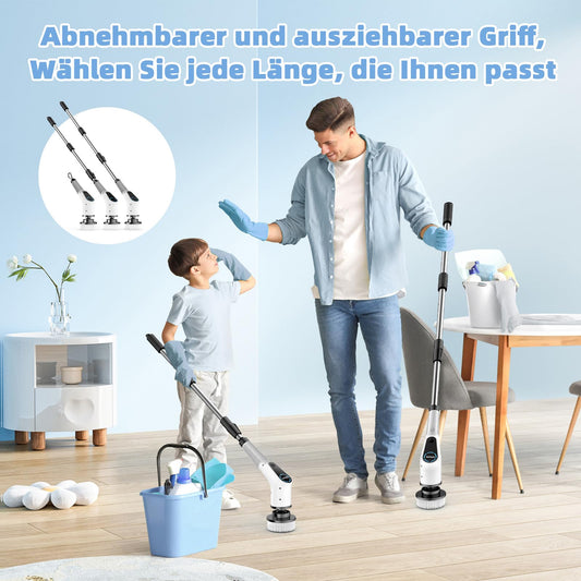 Electric cleaning brush, 8 in 1 with interchangeable brush heads, mop set, adjustable handle for bathroom, kitchen, car, and floors.