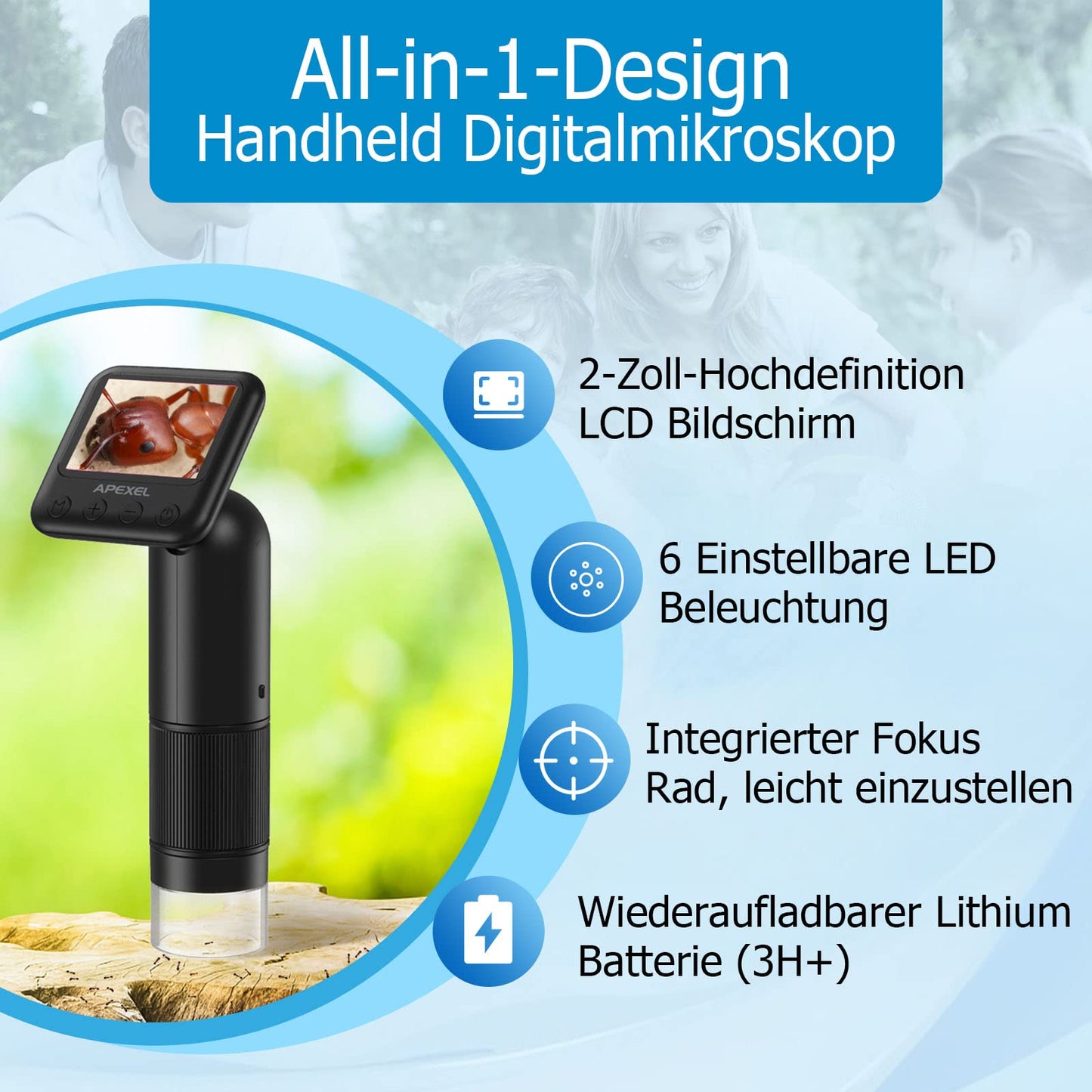 LCD Digital Handheld Microscope, 800x Portable Pocket Microscope for Kids with LED Lights. Connects to PC via USB, comes with SD Card and Slides.