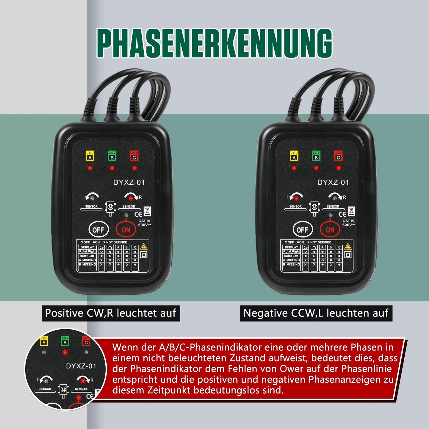 KAISAL Contactless Phase Tester Rotating Field Meter CAT III AC 70~600V Rotating Field Tester Rotating Field Meter 3 Phase Rotation Indicator Meter Rotation Tester Rotation Tester