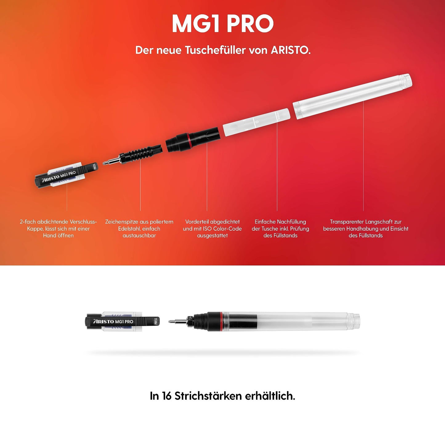Aristo AR63018 MG1 PRO technical pen, line width 0.18 mm (chrome-plated drawing point for high precision and durability, consistent ink flow, easy to refill) transparent.