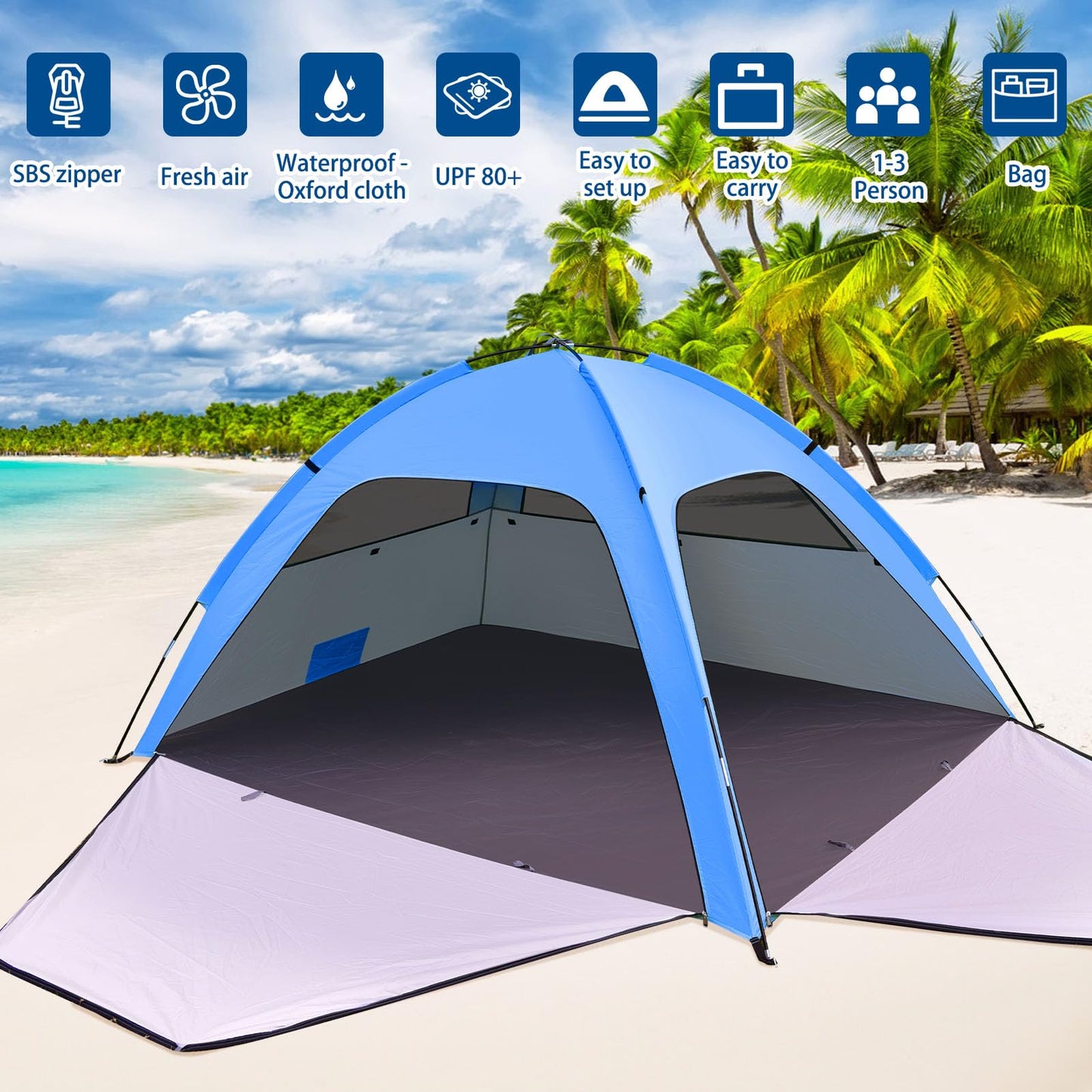 Beach tent for 1-3 people with UV protection 80+, 2 zipper doors, and 2 mesh windows. Family beach shelter with carrying bag for sun protection and shade at the beach.
