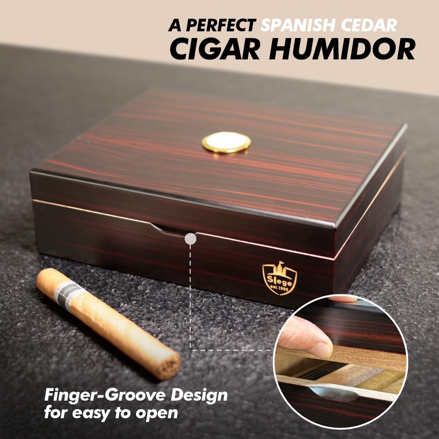 Slege Cigar Humidors, Humidor cigars, Spanish Cedar Wood Cigar Box, with Humidor humidifier, Hygrometer, Divider, single layer, Men's Gift Cigar Accessories (10-30 cigars)