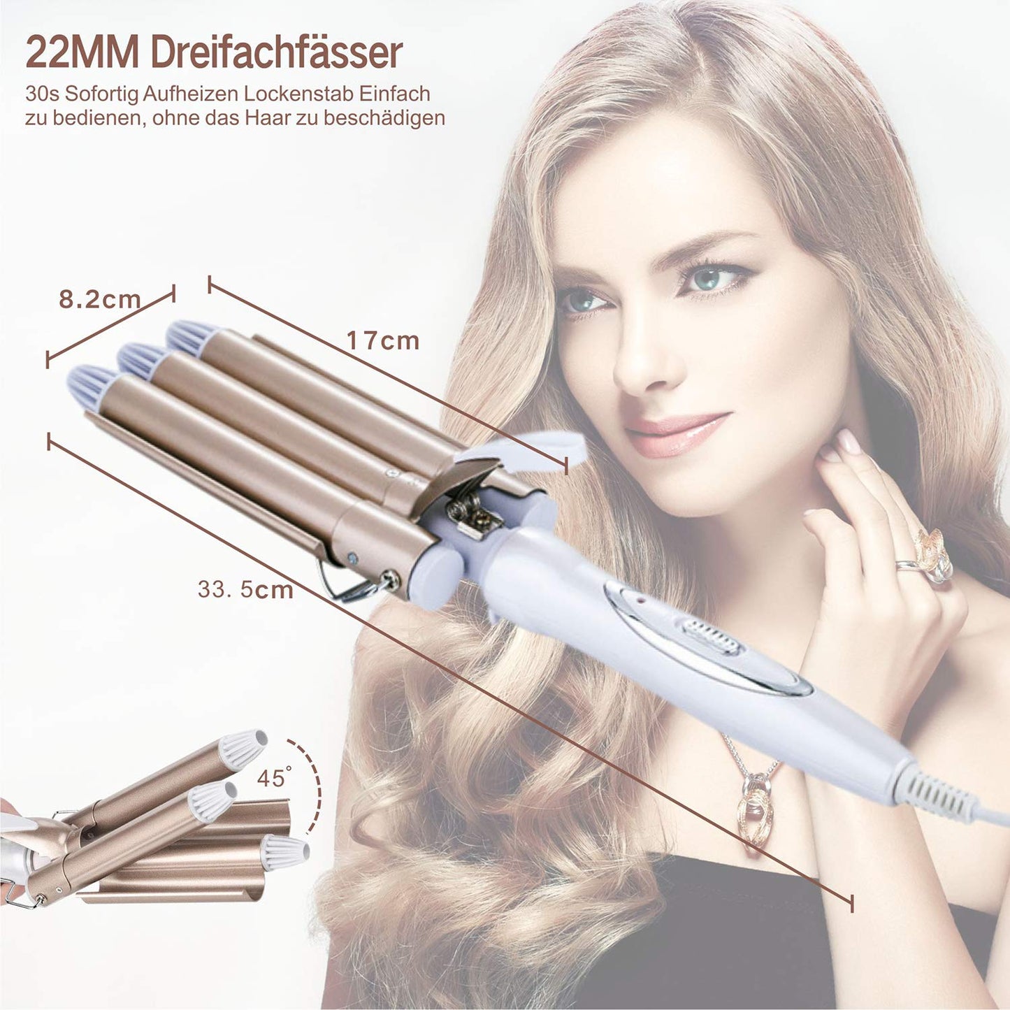 3 barrels waver iron, TOP4EVER curling wand with 3 rods with adjustable temperature, Wave iron Fast Heating Big wave for Long/short hair, Hair Styling Tool 22mm