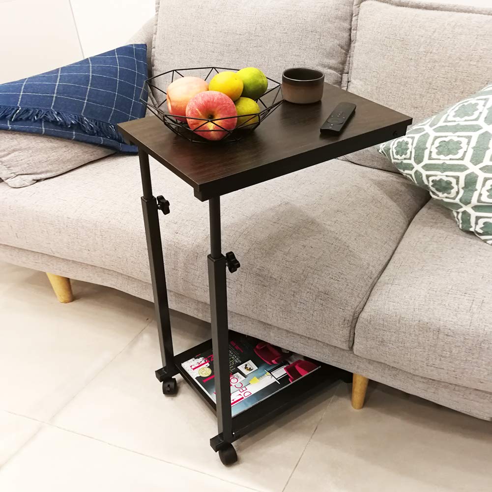 KKTONER Side Table Sofa Table Height Adjustable Bedside Table Coffee Table with Wheels Walnut Effect