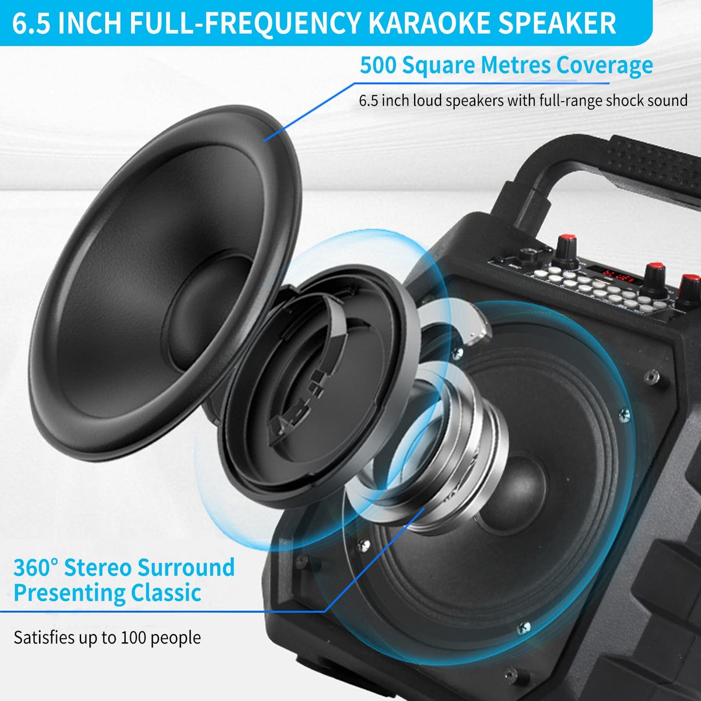 Portable karaoke machine with 2 wireless microphones, portable Bluetooth speaker with RGB lights, PA system for adults and kids, supports TF/USB, FM, Rec, AUX in.
